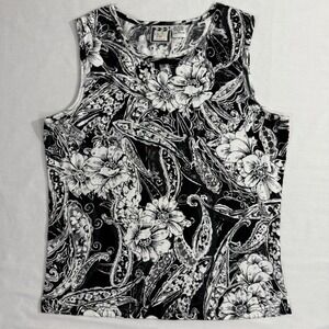 Y2K Take Two Black White Floral Rhinestone Tank Top Womens XL 100% Cotton